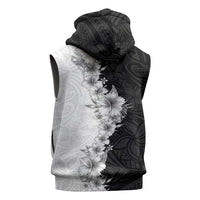 Hawaii Hibiscus Flowers Sleeveless Zip Hoodie Grayscale Polynesian Pattern