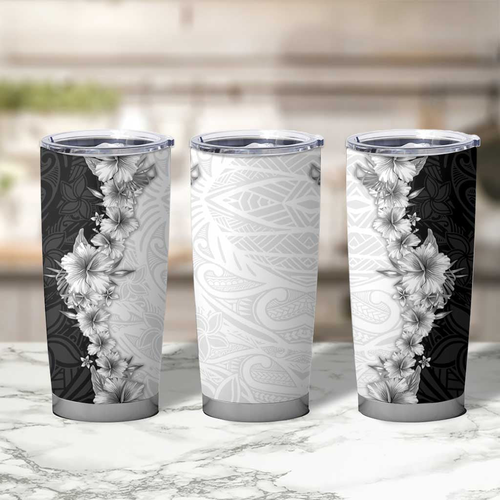 Hawaii Hibiscus Flowers Tumbler Cup Grayscale Polynesian Pattern