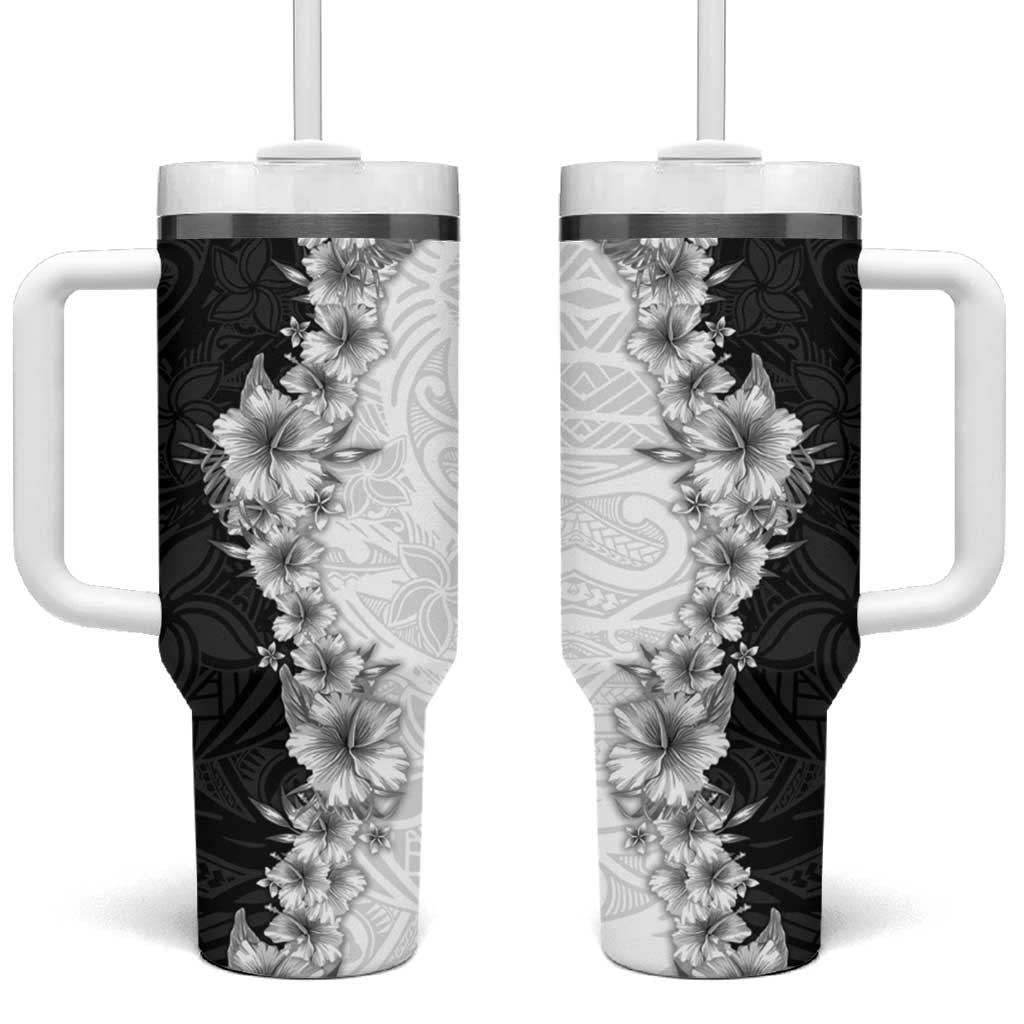 Hawaii Hibiscus Flowers Tumbler With Handle Grayscale Polynesian Pattern