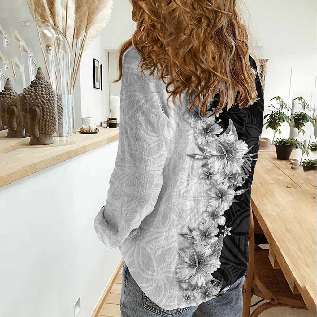 Hawaii Hibiscus Flowers Women Casual Shirt Grayscale Polynesian Pattern