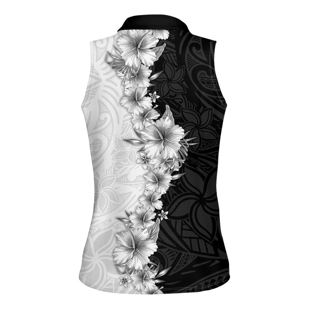 Hawaii Hibiscus Flowers Women Sleeveless Polo Shirt Grayscale Polynesian Pattern
