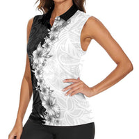 Hawaii Hibiscus Flowers Women Sleeveless Polo Shirt Grayscale Polynesian Pattern