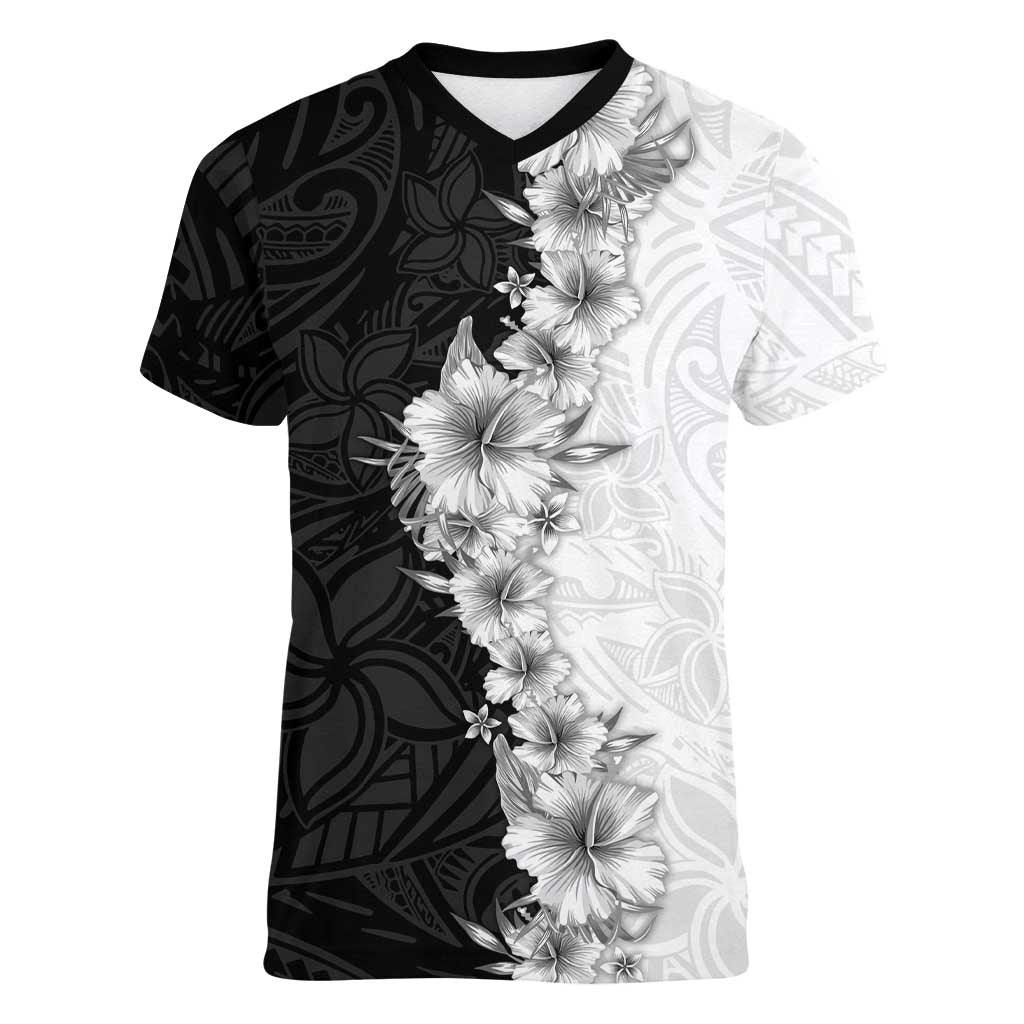 Hawaii Hibiscus Flowers Women V-Neck T-Shirt Grayscale Polynesian Pattern