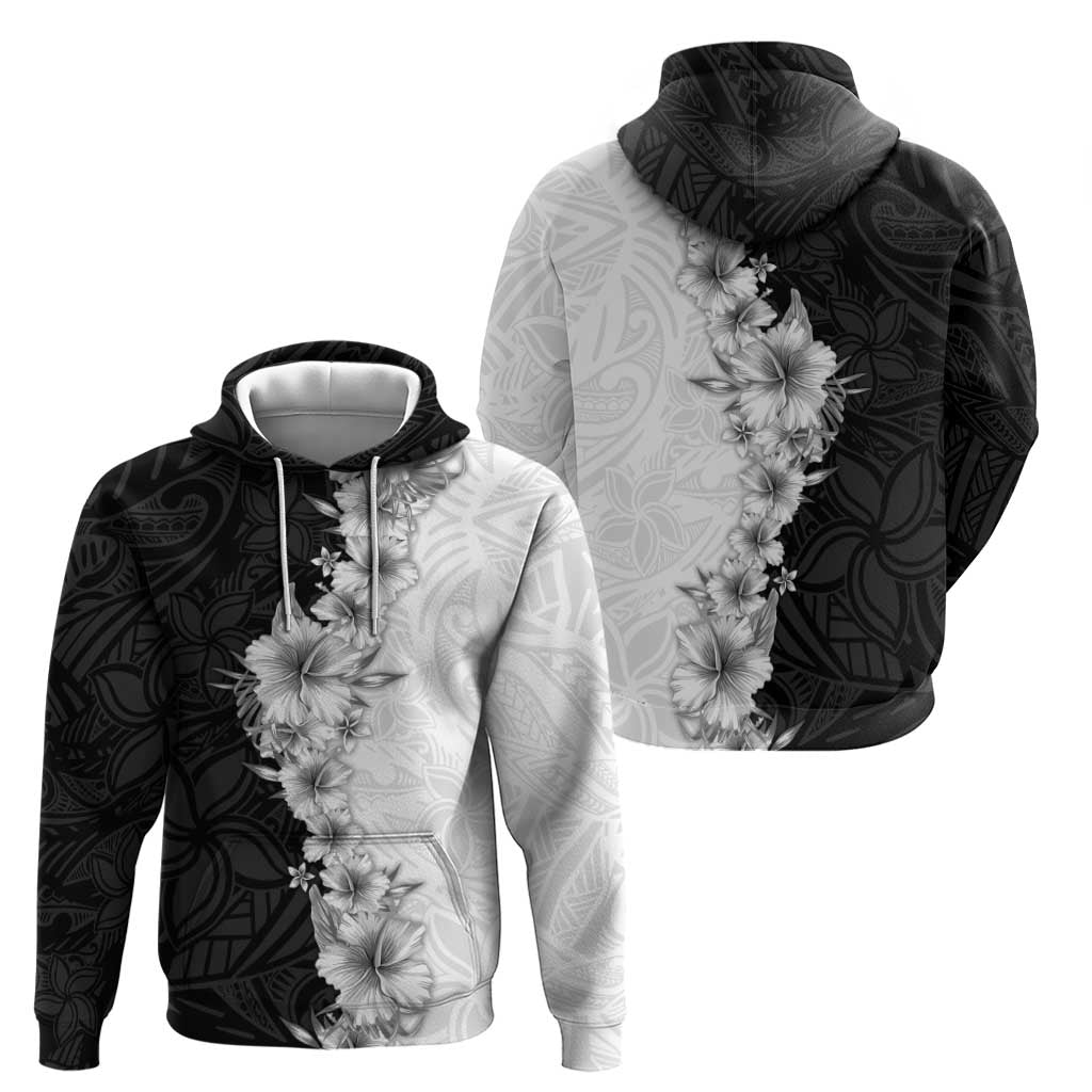 Hawaii Hibiscus Flowers Zip Hoodie Grayscale Polynesian Pattern