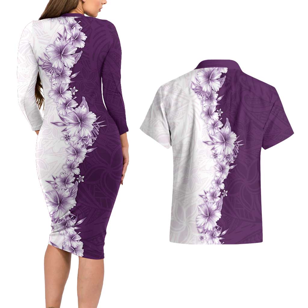 Hawaii Hibiscus Flowers Couples Matching Long Sleeve Bodycon Dress and Hawaiian Shirt Purple Polynesian Pattern LT05 - Polynesian Pride