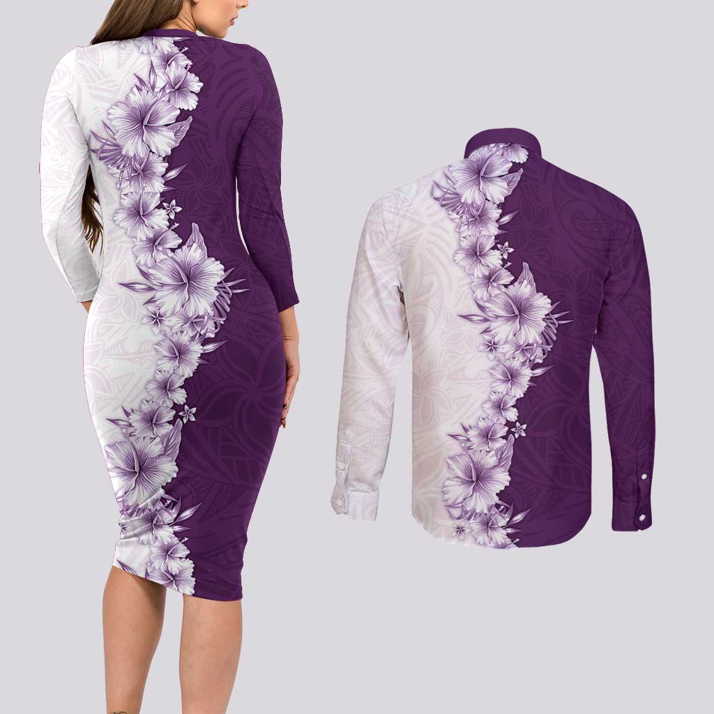Hawaii Hibiscus Flowers Couples Matching Long Sleeve Bodycon Dress and Long Sleeve Button Shirt Purple Polynesian Pattern