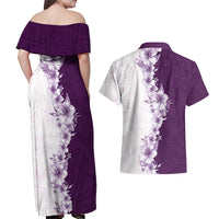 Hawaii Hibiscus Flowers Couples Matching Off Shoulder Maxi Dress and Hawaiian Shirt Purple Polynesian Pattern