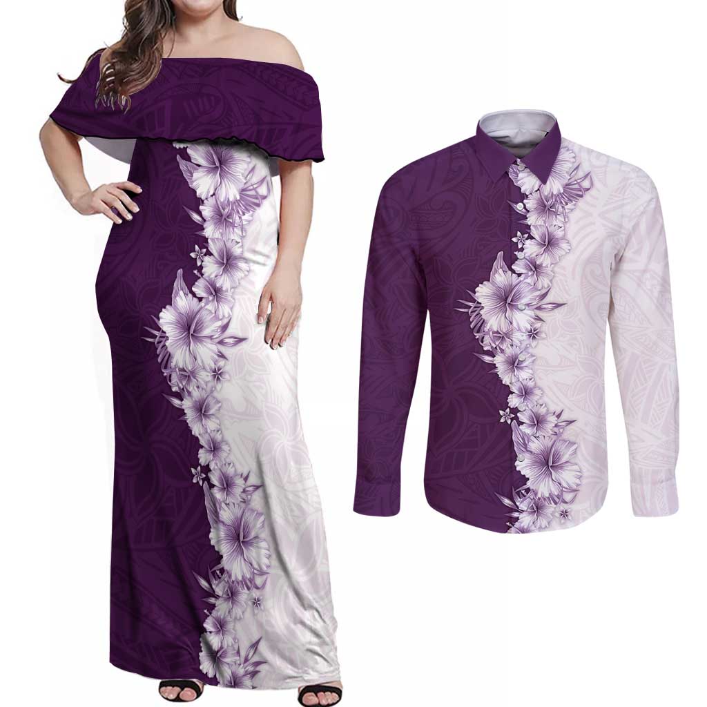 Hawaii Hibiscus Flowers Couples Matching Off Shoulder Maxi Dress and Long Sleeve Button Shirt Purple Polynesian Pattern