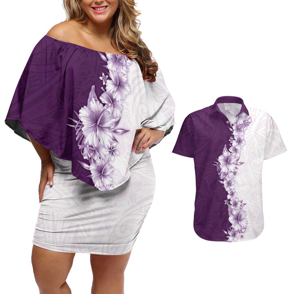 Hawaii Hibiscus Flowers Couples Matching Off Shoulder Short Dress and Hawaiian Shirt Purple Polynesian Pattern LT05 Purple - Polynesian Pride