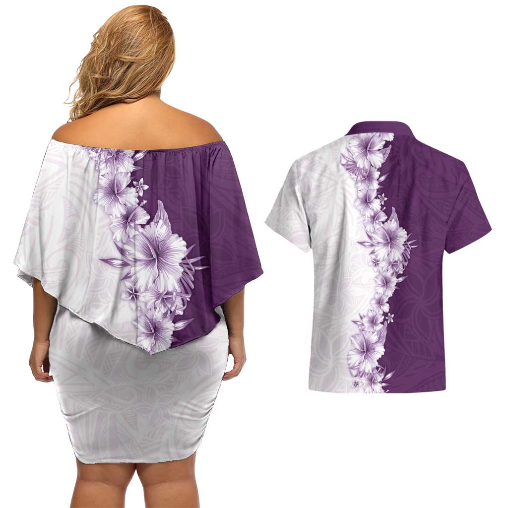 Hawaii Hibiscus Flowers Couples Matching Off Shoulder Short Dress and Hawaiian Shirt Purple Polynesian Pattern LT05 - Polynesian Pride