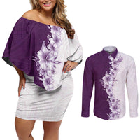 Hawaii Hibiscus Flowers Couples Matching Off Shoulder Short Dress and Long Sleeve Button Shirt Purple Polynesian Pattern