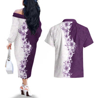 Hawaii Hibiscus Flowers Couples Matching Off The Shoulder Long Sleeve Dress and Hawaiian Shirt Purple Polynesian Pattern LT05 - Polynesian Pride