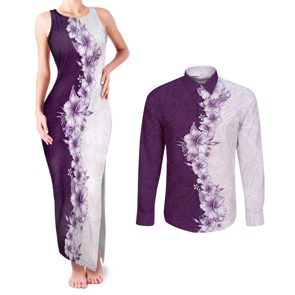 Hawaii Hibiscus Flowers Couples Matching Tank Maxi Dress and Long Sleeve Button Shirt Purple Polynesian Pattern LT05 Purple - Polynesian Pride