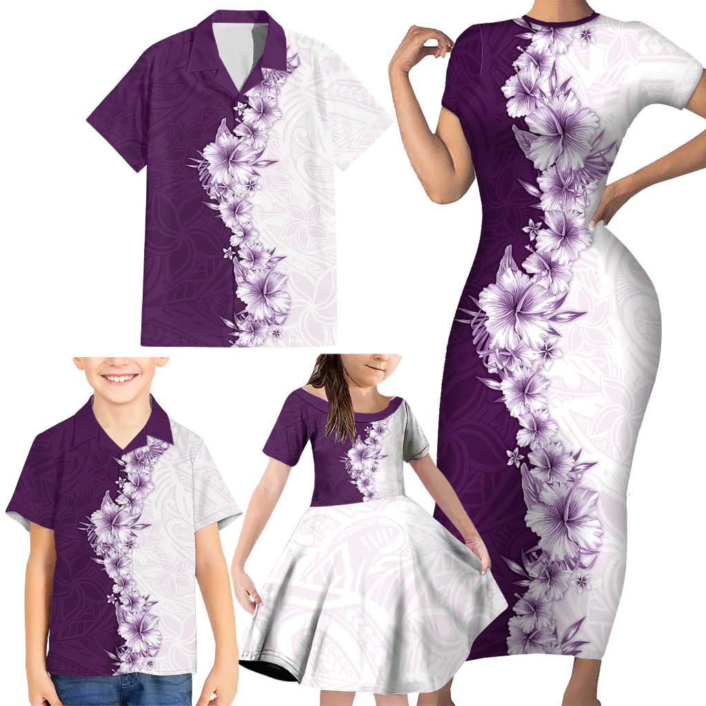 Hawaii Hibiscus Flowers Family Matching Short Sleeve Bodycon Dress and Hawaiian Shirt Purple Polynesian Pattern LT05 - Polynesian Pride