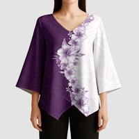 Hawaii Hibiscus Flowers Kimono Sleeve Blouse Purple Polynesian Pattern