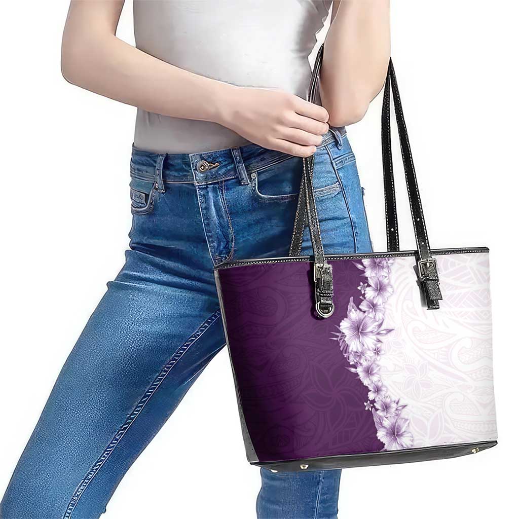 Hawaii Hibiscus Flowers Leather Tote Bag Purple Polynesian Pattern