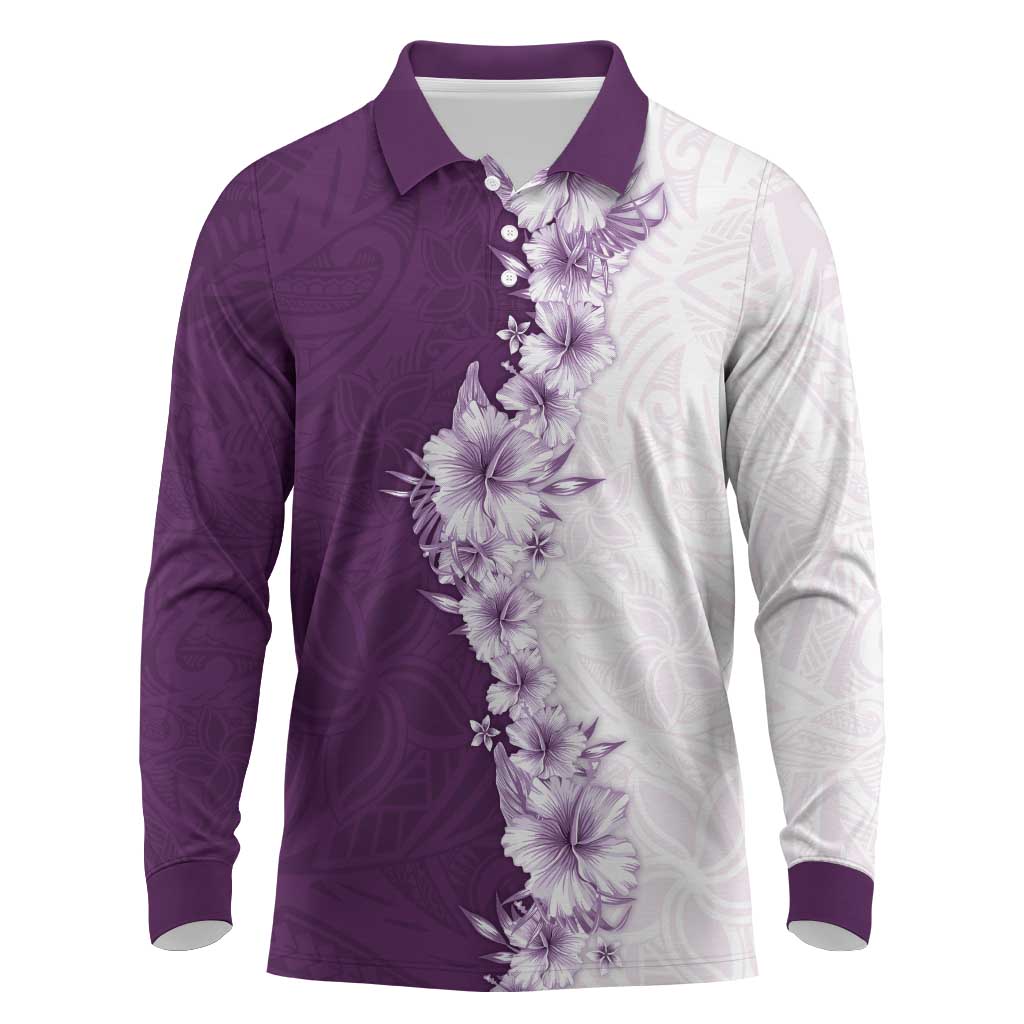Hawaii Hibiscus Flowers Long Sleeve Polo Shirt Purple Polynesian Pattern