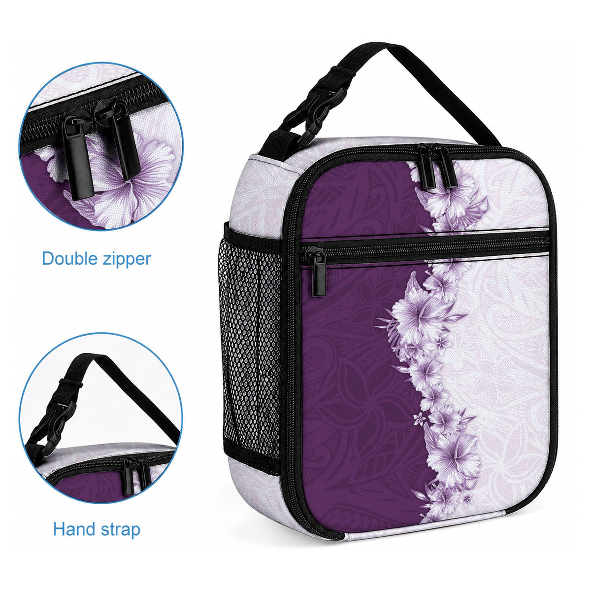 Hawaii Hibiscus Flowers Lunch Bag Purple Polynesian Pattern