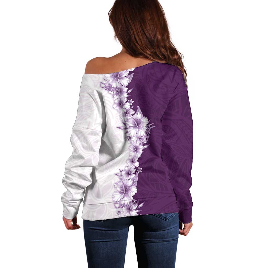 Hawaii Hibiscus Flowers Off Shoulder Sweater Purple Polynesian Pattern