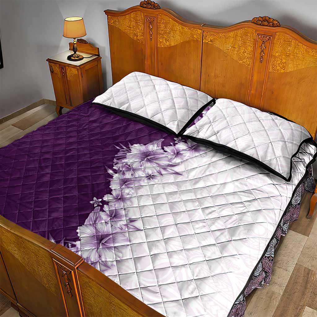 Hawaii Hibiscus Flowers Quilt Bed Set Purple Polynesian Pattern