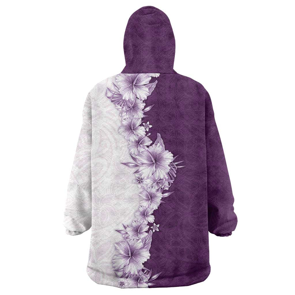 Hawaii Hibiscus Flowers Wearable Blanket Hoodie Purple Polynesian Pattern