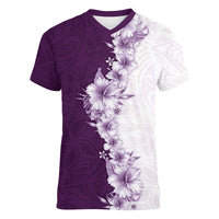 Hawaii Hibiscus Flowers Women V-Neck T-Shirt Purple Polynesian Pattern