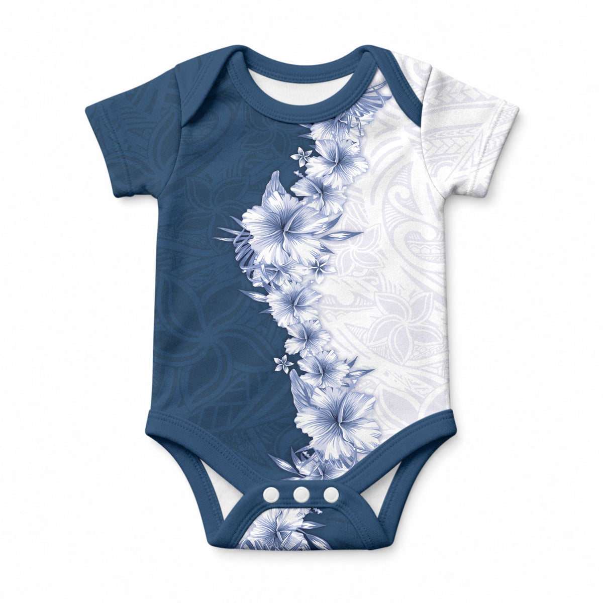 Hawaii Hibiscus Flowers Baby Onesie Blue Polynesian Pattern