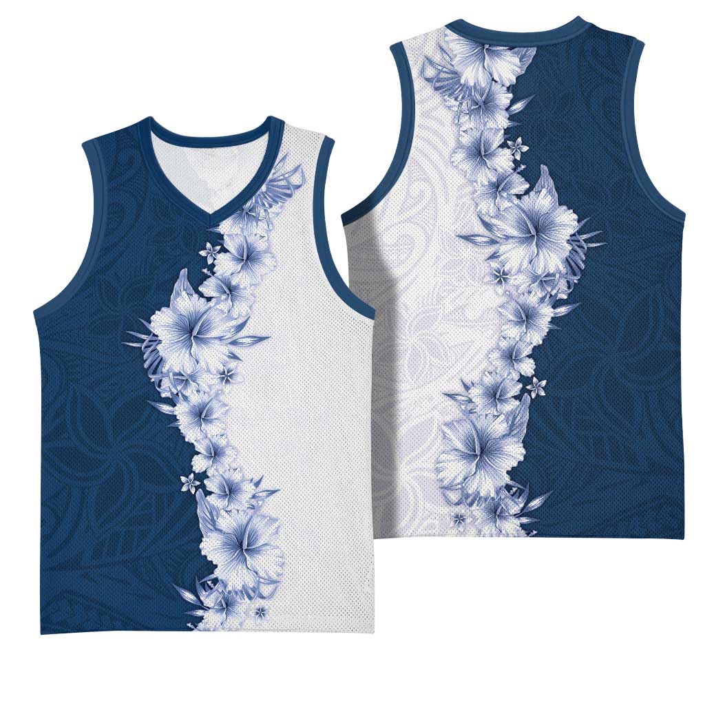Hawaii Hibiscus Flowers Basketball Jersey Blue Polynesian Pattern