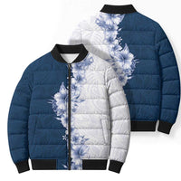 Hawaii Hibiscus Flowers Bomber Puffer Jacket Blue Polynesian Pattern