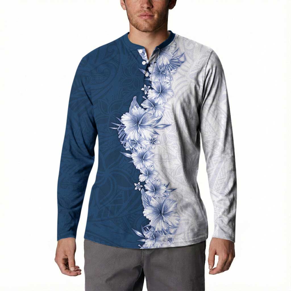 Hawaii Hibiscus Flowers Button Sweatshirt Blue Polynesian Pattern