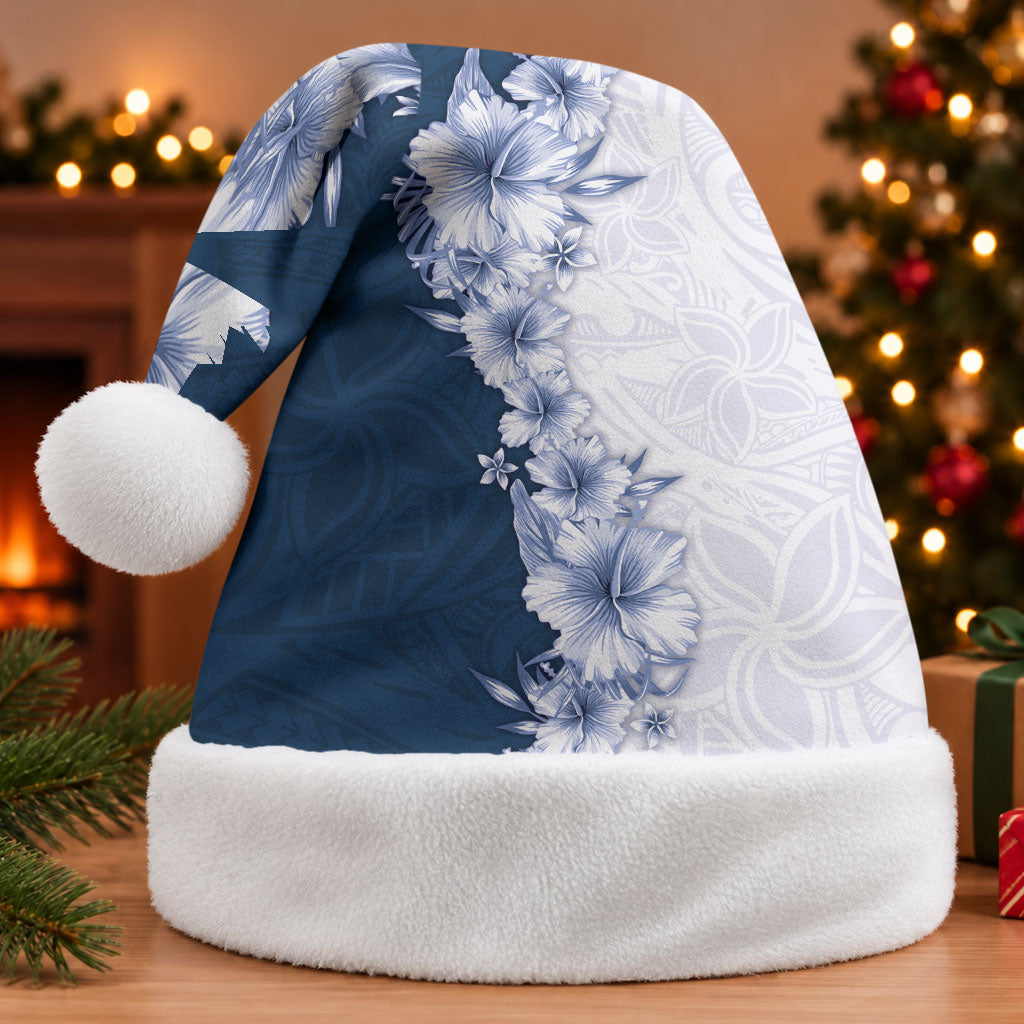 Hawaii Hibiscus Flowers Christmas Santa Hat Blue Polynesian Pattern