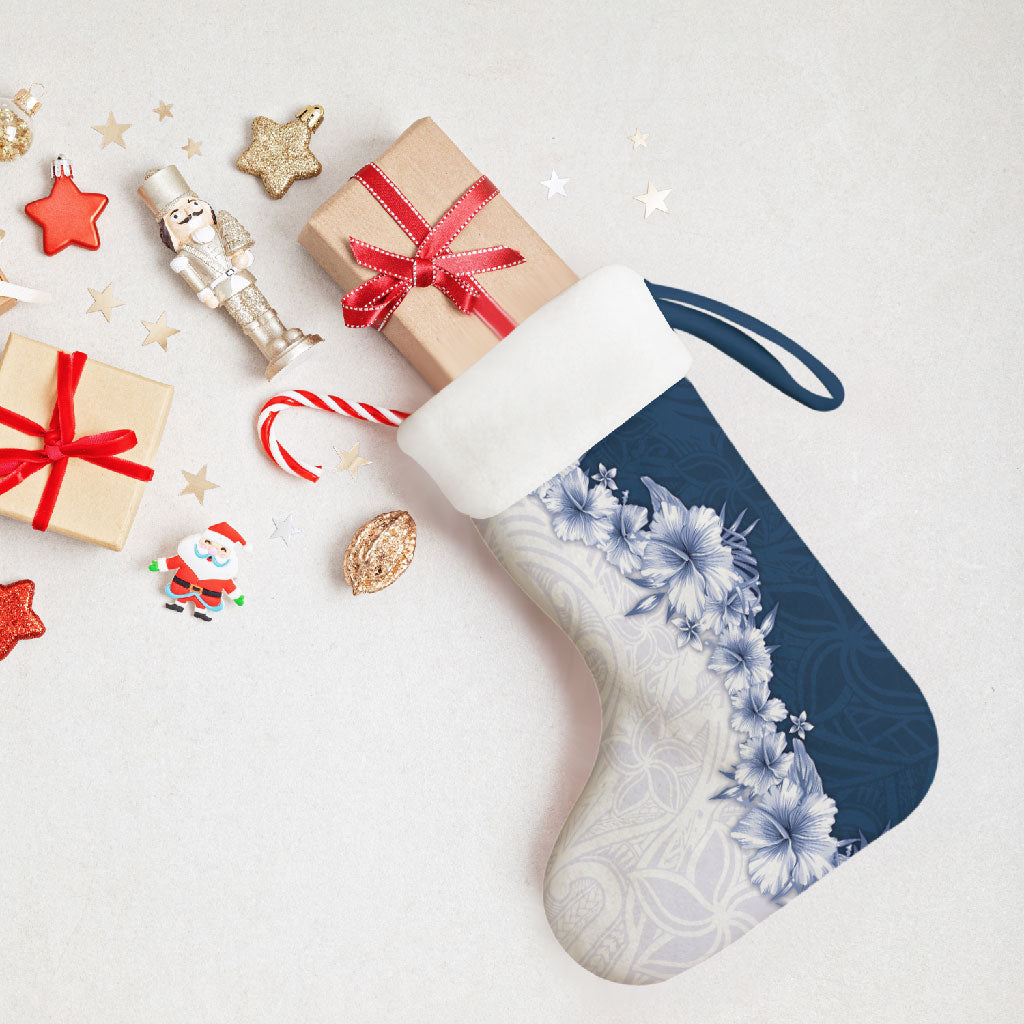 Hawaii Hibiscus Flowers Christmas Stocking Blue Polynesian Pattern