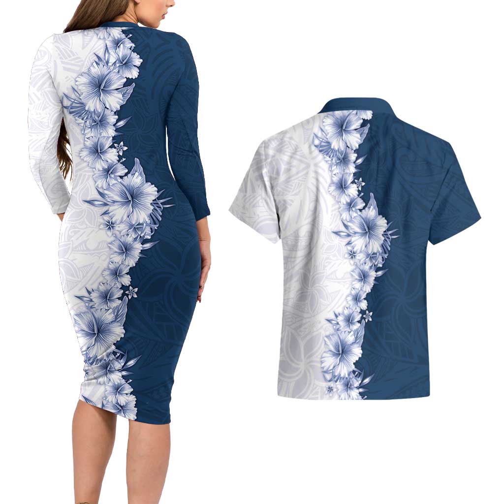Hawaii Hibiscus Flowers Couples Matching Long Sleeve Bodycon Dress and Hawaiian Shirt Blue Polynesian Pattern