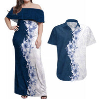 Hawaii Hibiscus Flowers Couples Matching Off Shoulder Maxi Dress and Hawaiian Shirt Blue Polynesian Pattern LT05 Blue - Polynesian Pride