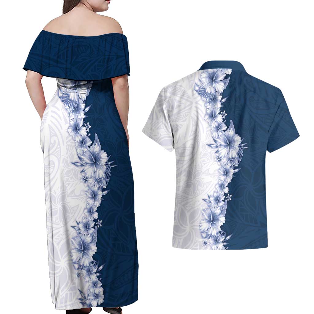 Hawaii Hibiscus Flowers Couples Matching Off Shoulder Maxi Dress and Hawaiian Shirt Blue Polynesian Pattern LT05 - Polynesian Pride