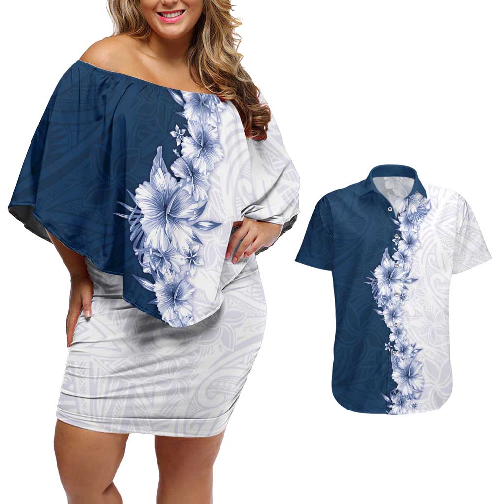 Hawaii Hibiscus Flowers Couples Matching Off Shoulder Short Dress and Hawaiian Shirt Blue Polynesian Pattern
