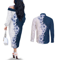 Hawaii Hibiscus Flowers Couples Matching Off The Shoulder Long Sleeve Dress and Long Sleeve Button Shirt Blue Polynesian Pattern