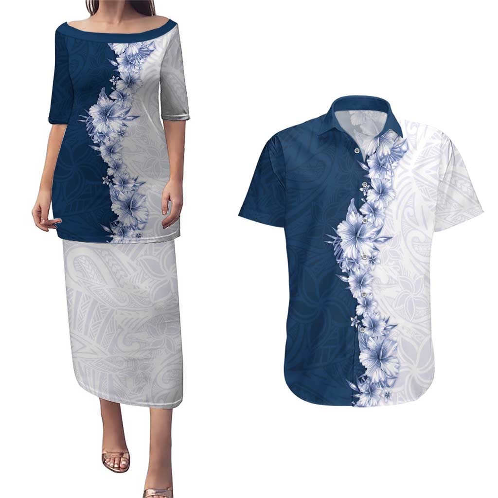 Hawaii Hibiscus Flowers Couples Matching Puletasi and Hawaiian Shirt Blue Polynesian Pattern