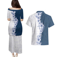 Hawaii Hibiscus Flowers Couples Matching Puletasi and Hawaiian Shirt Blue Polynesian Pattern