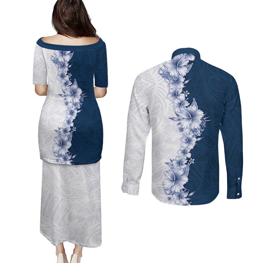 Hawaii Hibiscus Flowers Couples Matching Puletasi and Long Sleeve Button Shirt Blue Polynesian Pattern