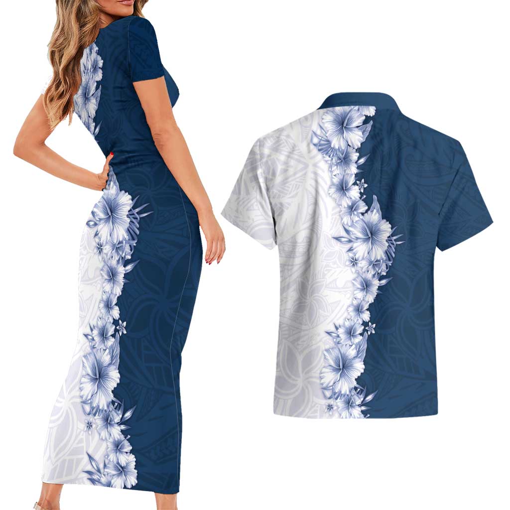 Hawaii Hibiscus Flowers Couples Matching Short Sleeve Bodycon Dress and Hawaiian Shirt Blue Polynesian Pattern