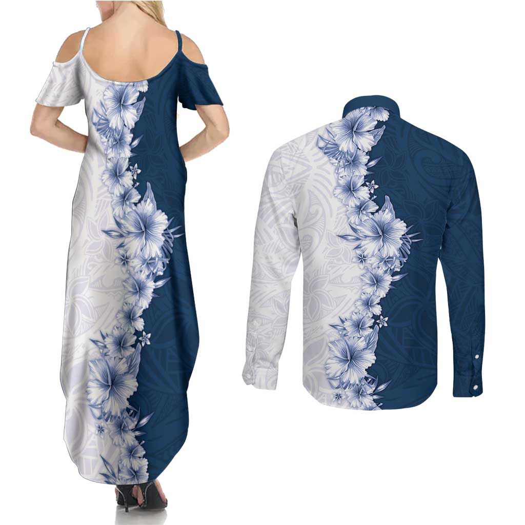 Hawaii Hibiscus Flowers Couples Matching Summer Maxi Dress and Long Sleeve Button Shirt Blue Polynesian Pattern