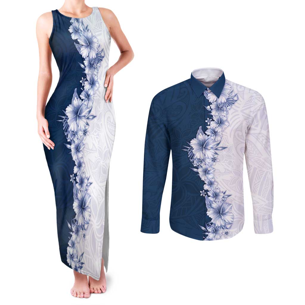 Hawaii Hibiscus Flowers Couples Matching Tank Maxi Dress and Long Sleeve Button Shirt Blue Polynesian Pattern