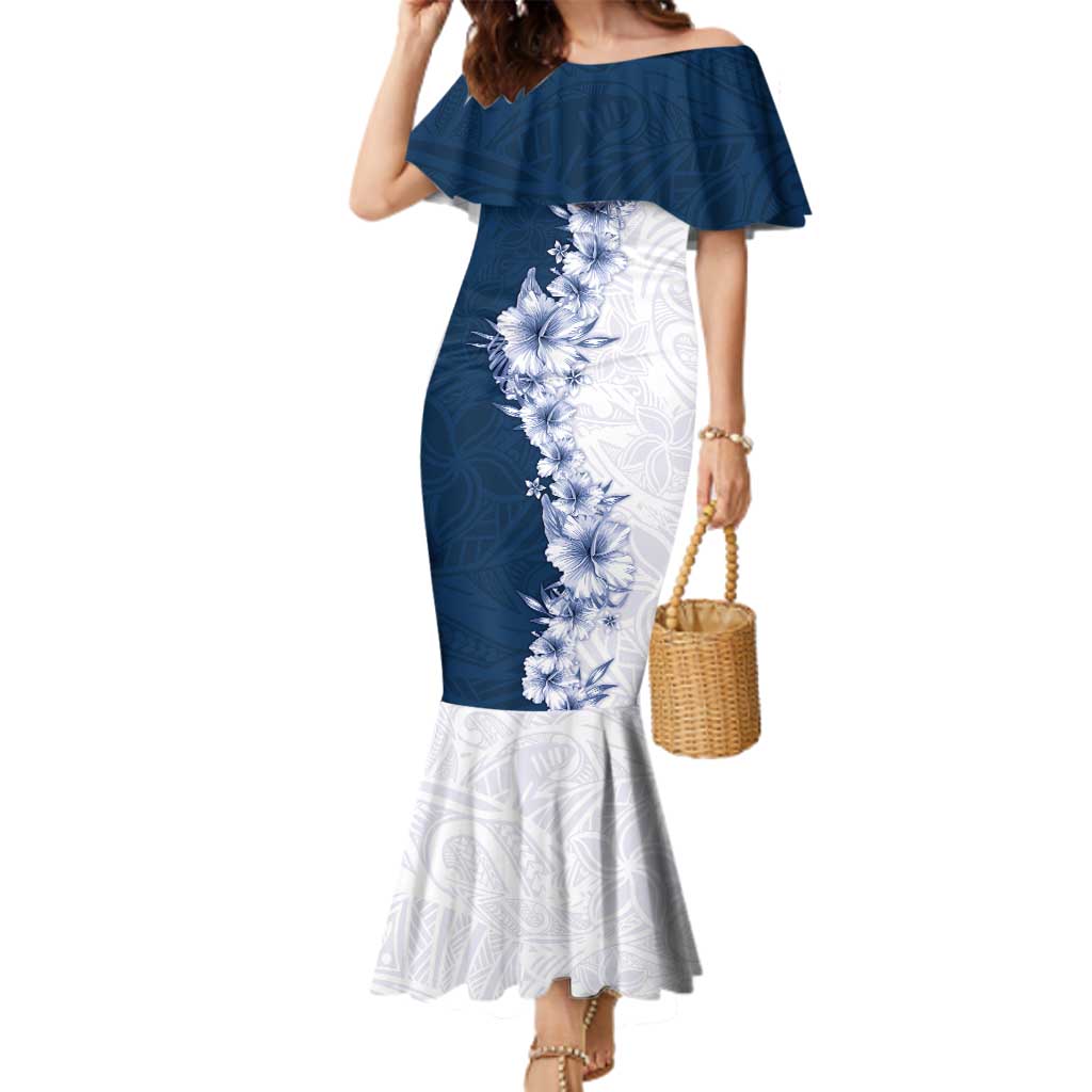 Hawaii Hibiscus Flowers Family Matching Mermaid Dress and Hawaiian Shirt Blue Polynesian Pattern LT05 Mom's Dress Blue - Polynesian Pride