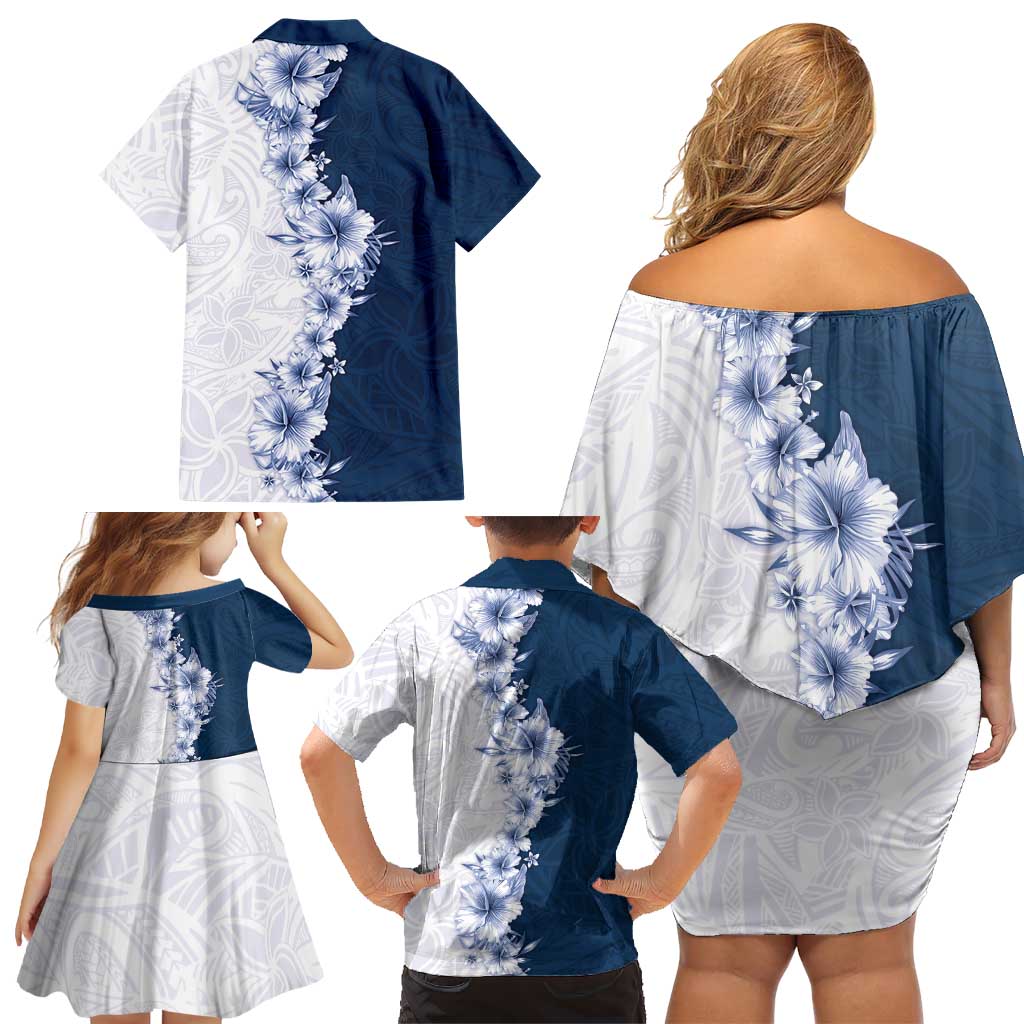 Hawaii Hibiscus Flowers Family Matching Off Shoulder Short Dress and Hawaiian Shirt Blue Polynesian Pattern LT05 - Polynesian Pride