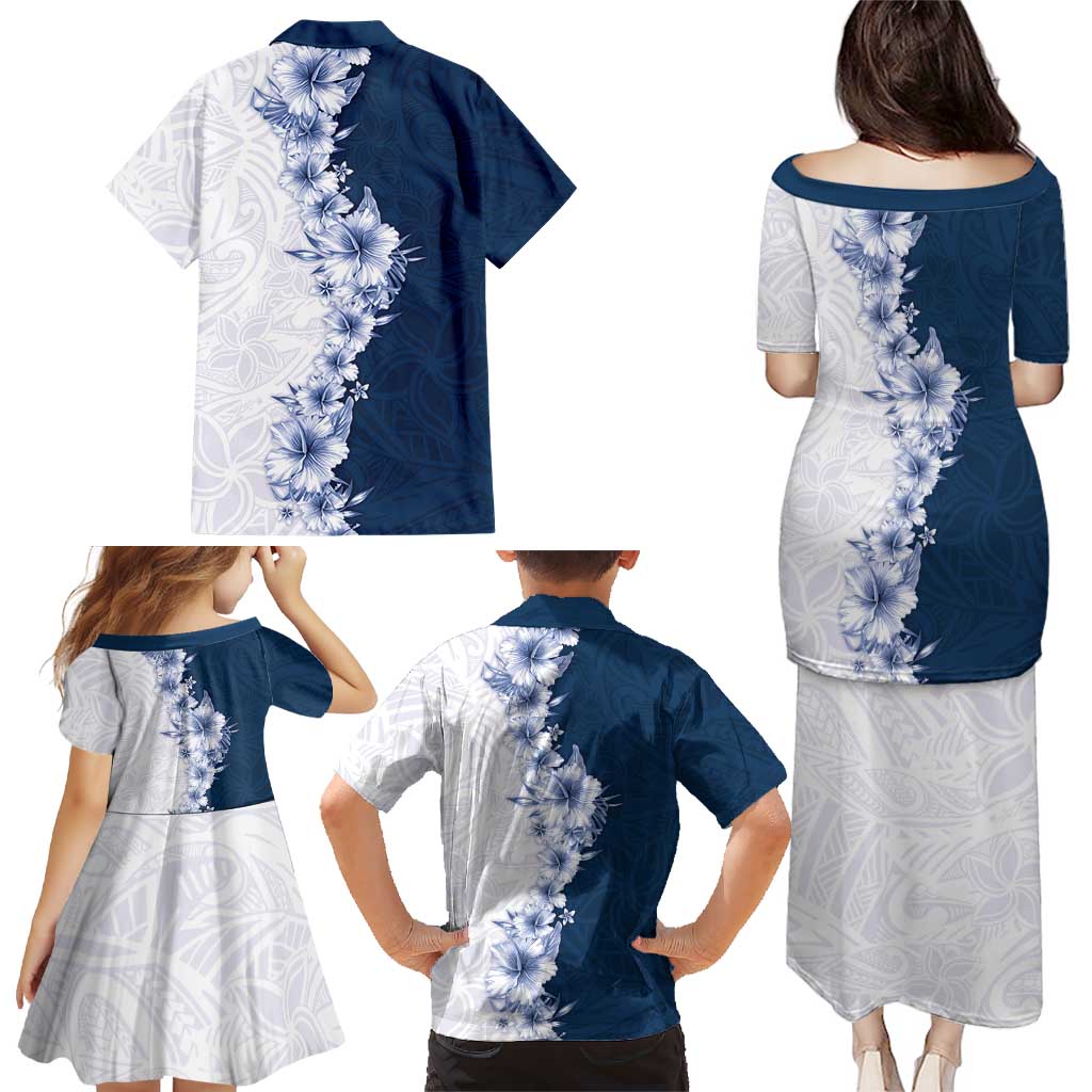 Hawaii Hibiscus Flowers Family Matching Puletasi and Hawaiian Shirt Blue Polynesian Pattern