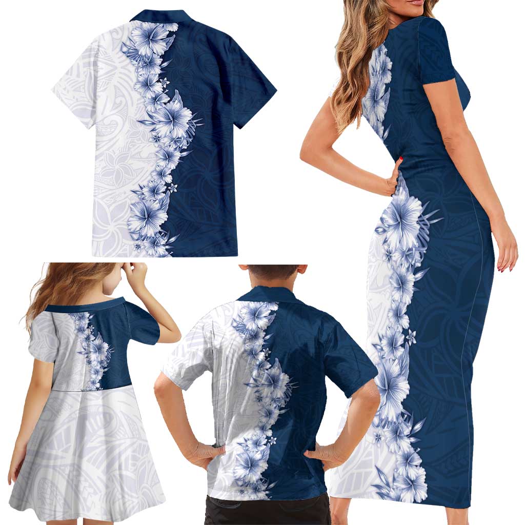 Hawaii Hibiscus Flowers Family Matching Short Sleeve Bodycon Dress and Hawaiian Shirt Blue Polynesian Pattern LT05 - Polynesian Pride