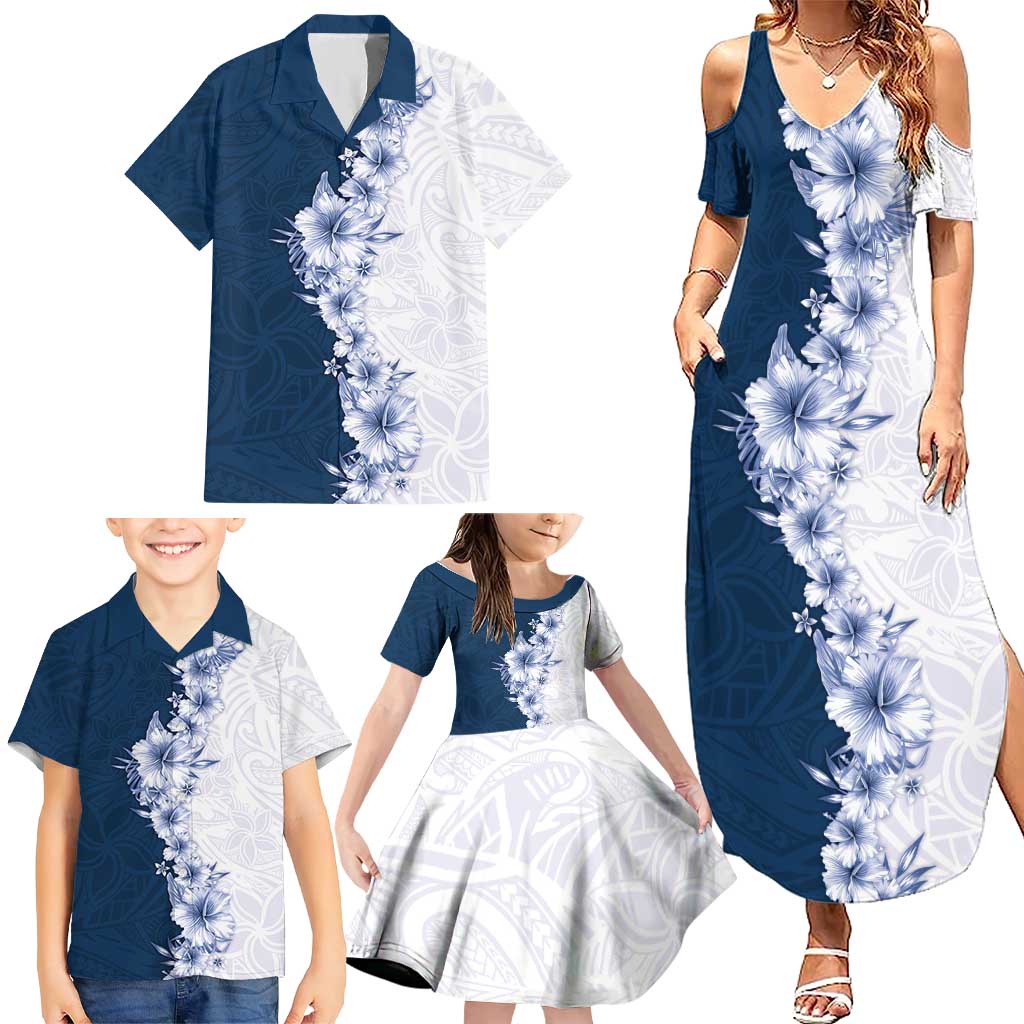 Hawaii Hibiscus Flowers Family Matching Summer Maxi Dress and Hawaiian Shirt Blue Polynesian Pattern LT05 - Polynesian Pride