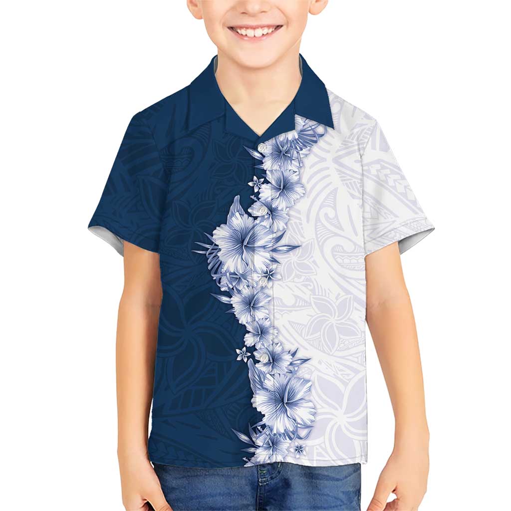 Hawaii Hibiscus Flowers Kid Hawaiian Shirt Blue Polynesian Pattern
