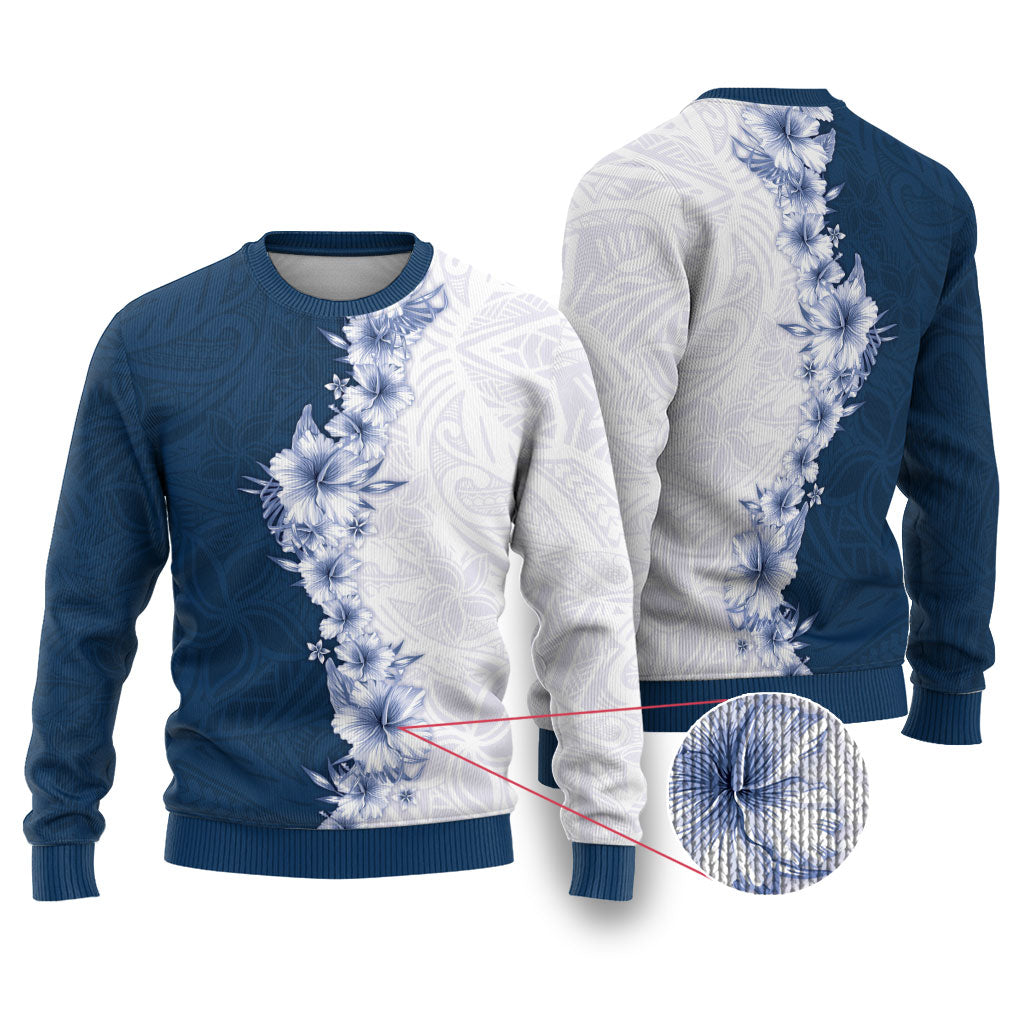 Hawaii Hibiscus Flowers Ugly Christmas Sweater Blue Polynesian Pattern LT05 Blue - Polynesian Pride